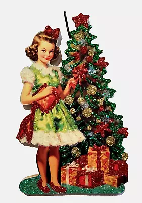 PRETTY GIRL Decorating TREE W GIFTS  * Glitter WOOD CHRISTMAS ORNAMENT  Vtg Img • $10.50