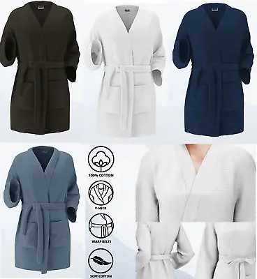 Waffle 100% Cotton Dressing Gown Kimono Soft Lightweight Bath Robe For Men Women • £12.89