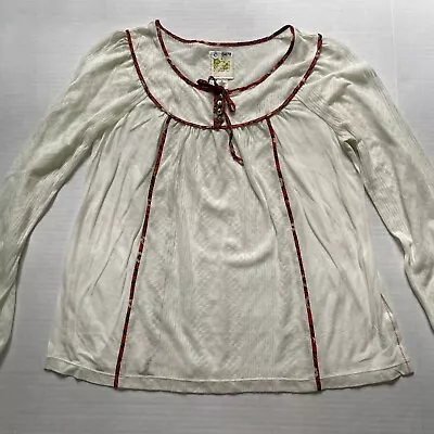 C KEER Limited Edition Top Womens M Cream Red Floral Trim Peasant Gauzy 9/100 • $13.49