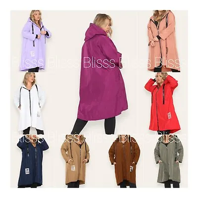 Womens Ladies Plus Size Dipped Hem Long Length Rain Mac Coat With Hood • £28.99