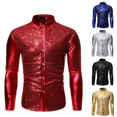 Mens Long SleeveTops Sequin Shiny Button Shirt Nightclub Latin Dance T-Shirt • £13.53
