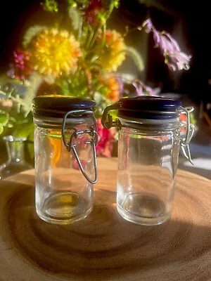 Pair Of Glass Mason Style Jars Cobalt Blue Small Ceramic Top New With Bands 2oz • $33.11