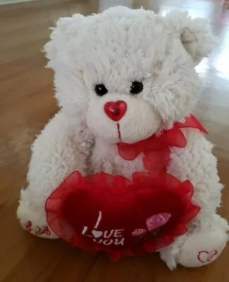 Dan DEE 'I LOVE YOU' SHAGGY White TEDDY BEAR HEART Bow PLUSH STUFFED Valentines • $10