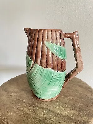 Antique 1870s Wardel Majolica Bamboo & Fern Pitcher 7  Lavender Interior • $175.50