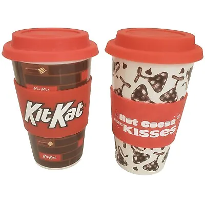 Pair Of Vintage Galerie Hershey's Kisses & Kit Kat Ceramic Coffee Mugs Cups Lids • $20.99