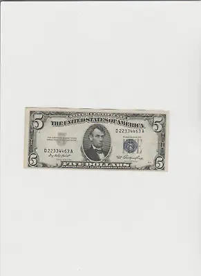 1953 Silver Certificate $5 Dollar Bill Blue Seal Note D 22334463 A • $22.75