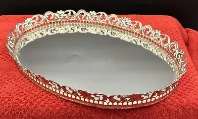 Vintage Vanity Mirror Dresser Tray Gold/White ￼Oval Metal Filigree 13.5”L X9.5”W • $15.50