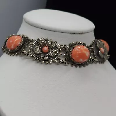 Vintage Art Deco Bracelet Coral Pink Glass Silver Plate Floral • $35