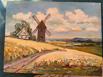 Vintage Oil Painting Barn Windmill Signed Russian Polish Post Impressionist • $75