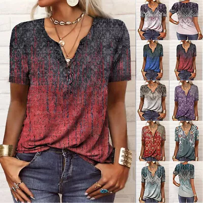 $15.99 • Buy Women Floral V Neck Short Sleeve T Shirt Blouse Casual Loose Tunic Tops Summer