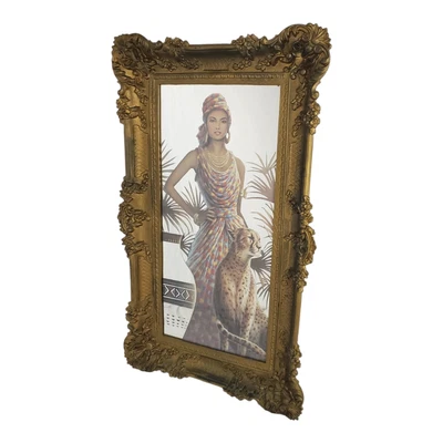 $148 • Buy Vintage Framed Reverse Mirror Painting Woman Maximalist Mid-Century Art Nouveau