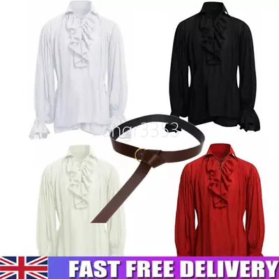 Retro Men Gothic Shirt Top Victorian Medieval Ruffle Pirate Puff Sleeve Bandage • £4.58