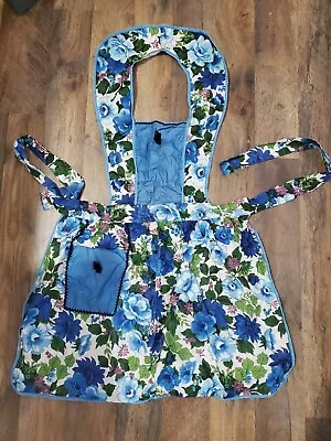 Vintage Kitchen Bib Apron Blue Green White Floral With Pocket 40” Long 60  Wide • $7.99