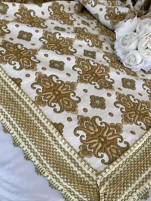 Vintage White Green Gold Cotton Matelasse Bedspread Full/Queen • $65