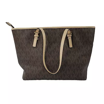 MICHAEL KORS Jet Set Brown MK Signature Logo Zip Large Tote Bag Free Shipping • $44.77