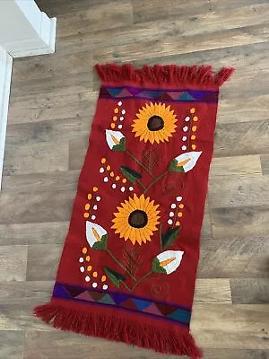 MEXICAN CHIAPAS HAND MADE TABLE RUNNER HAND EMBROIDERY SUNFLOWERS On RED • $65