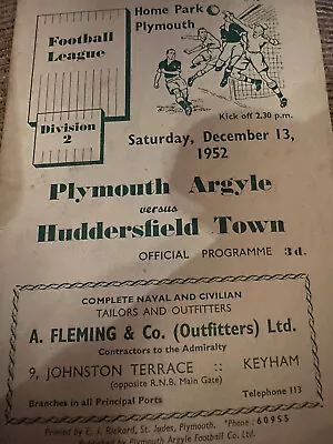 £2.99 • Buy Plymouth Argyle V Huddersfield Town Programme 13/12/1952