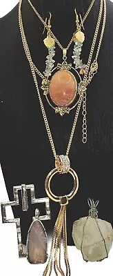 Vintage Gold Leaf Quartz Fire Agate Topaz Gems Jewelry Silver Necklace Earring • $14.99