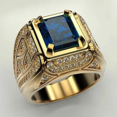 2.45Ct Natural Blue Sapphire & Diamond Men's Wedding Ring Solid 10K Yellow Gold • $2024.99