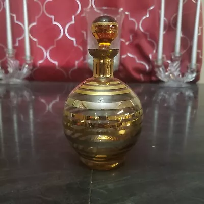 Vintage Czech Import Irice Perfume Bottle Gold Striped Amber W/ Stopper • $33.88