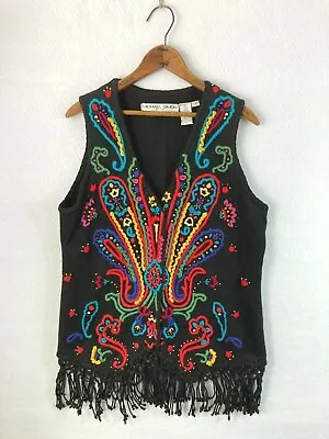 Vintage Michael Simon Sweater Vest 2 Colorful Beaded Embroidered Paisley Fringe  • $49.99