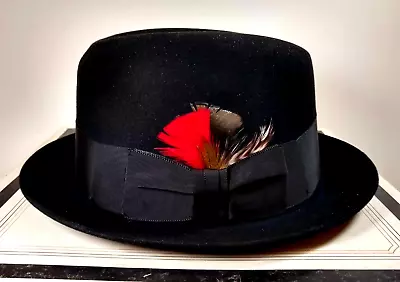 Vintage John B STETSON Royal FEDORA Black Hat Size 7 3/8 FEATHERS Ribbon & BOX • $39.99