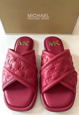 Michael Kors Women's Gideon Puffy Embossed Logo Slide Rubin Red US 7.5 M • $70