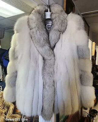 SAGA Fox Genuine Blue Fox Fur Coat Hook Button Up Long Sleeve Medium • $374.95