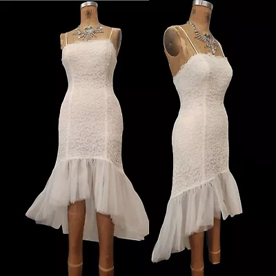 Vtg 80s Prom Dress New Leaf White Lace Fitted Hi Low Lace Tulle Mermaid Wedding  • $79.99