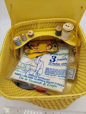 Yellow  Princess Square Sewing Box Vintage Wicker Basket With Contents Needles • $19.99