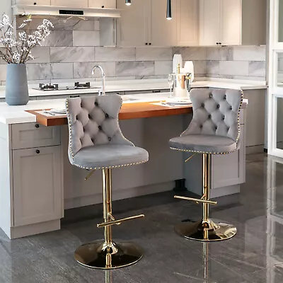 Set Of 2 Swivel Bar Stools Counter Height Adjustable Velvet Dining Chair US • $198.99