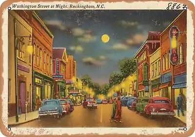 Metal Sign - North Carolina Postcard - Washington Street At Night Rockingham • $25.46