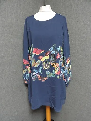 Yumi Long Sleeve Butterfly Print Shift Dress Navy UK 16 LN120 MM 12 • £27.99