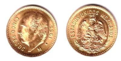 Mexico 1955 Gold Coin 5 Pesos GEM BU .1205 AGW--old Restrike Coin Hero  Hidalgo • $309.99