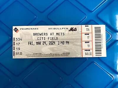 Jackson Chourio MLB Debut First Hit Ticket 3/29/24 Actual Game Date (NOT 3/28)! • $50