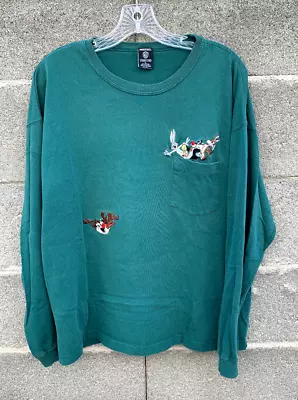 Vintage Looney Tunes Embroidered Longsleeve Green Shirt Sz XL Warner Bros • $25