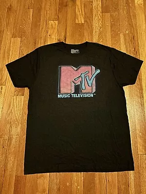 MTV Music Television Retro Pink Blue Logo T T-Shirt Black Large NWOT • £12.52