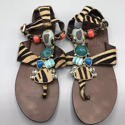 MISS TRISH Womens Gem Stoned Brown Zebra Print Summer Sandal US Size 7M • $45