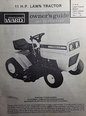 Montgomery Ward Riding Lawn Mower Tractor 11 Hp TMO 33843C Owner & Parts Manual • $72.99