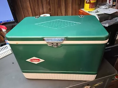 Vintage Coleman Green Metal Cooler & Box Diamond Pattern On Lid 1960's • $149.95