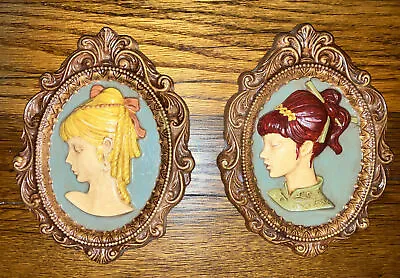 $15 • Buy Vintage Chalkware Wall Plaques Pair Of Lady Silhouettes Hand Painted