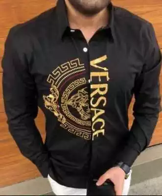 Mens Versace T Shirt Button Down Shirt Balck & Gold Embroidered Long Sleeve • $109.01
