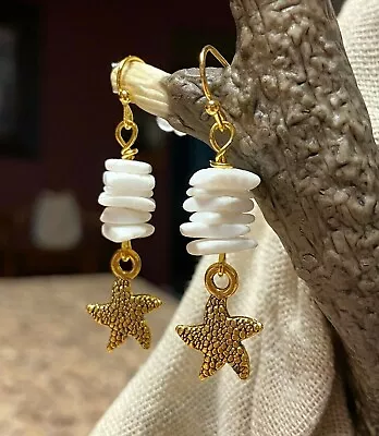 White Shell Chips Gold Starfish Dangle Drop Earrings 1-5/8  Beach Ocean Vacation • $8.50