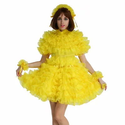 Girl Sissy Sexy Maid Yellow Satin Organza Puffy Dress Cosplay Costume Tailored • $69.99
