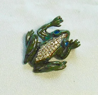 Vintage MC Enamel & Rhinestone Heavy Metal Figural Frog Pin Brooch • $14.99