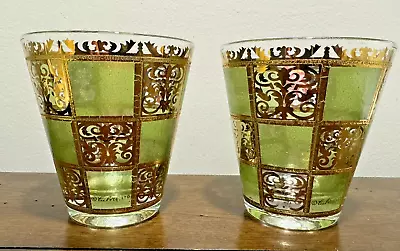 VTG Pair Of Culver Prado Green 22K Gold Mid Century Modern Lowball Rock Glasses • $49.99