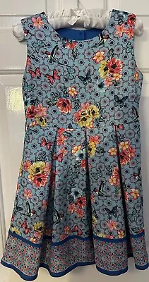 Yumi Girl Age 9-10 Height 140cm Blue Sleeveless Patterned Dress (belt Missing) • £7