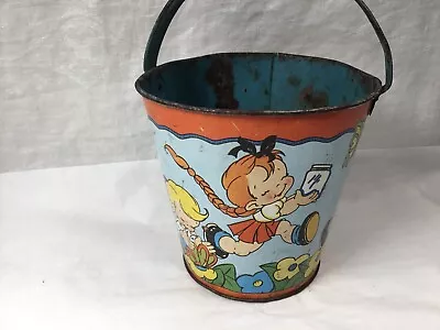 Vintage Ohio Art Tin Litho Watering Can - Child's - Tulips Bee Flowers • $28.50