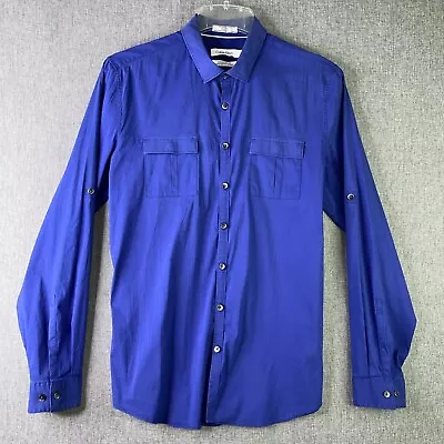 Calvin Klein Shirt Mens L Extreme Slim Fit Roll Tab Sleeve Button Up Blue MS11 • $6.75