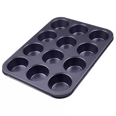 Black Non Stick 12 Cup Baking Tray Deep Bun Tray Tin Cupcake Cake Muffin Pies • £7.99